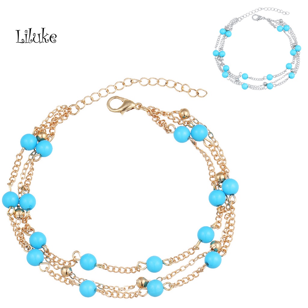 Lắc Chân Nhiều Lớp Trang Trí Hạt Màu Xanh Dương Xinh Xắn Cho Nữ