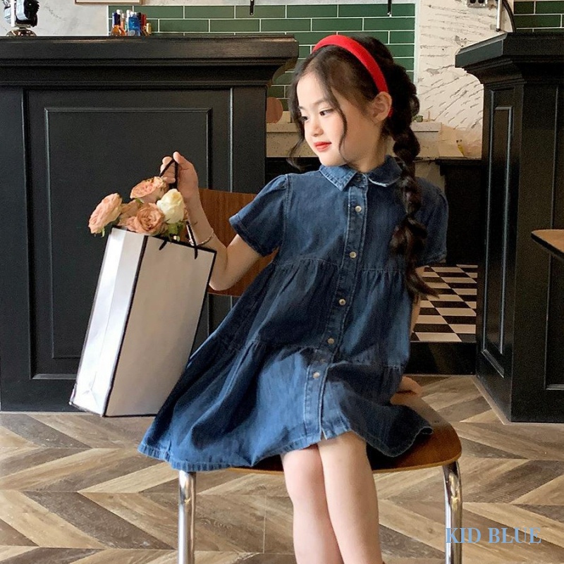 Đầm Denim Mỏng Cổ Bẻ Thời Trang Mùa Hè Phong Cách Hàn Quốc Cho Bé Gái