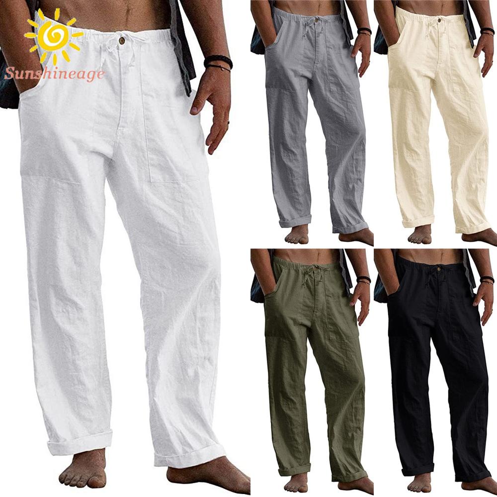 Quần Dài Đi Biển Dáng Rộng Chất Liệu Cotton Lanh Co Giãn Màu Trơn Thời Trang Mùa Hè Cho