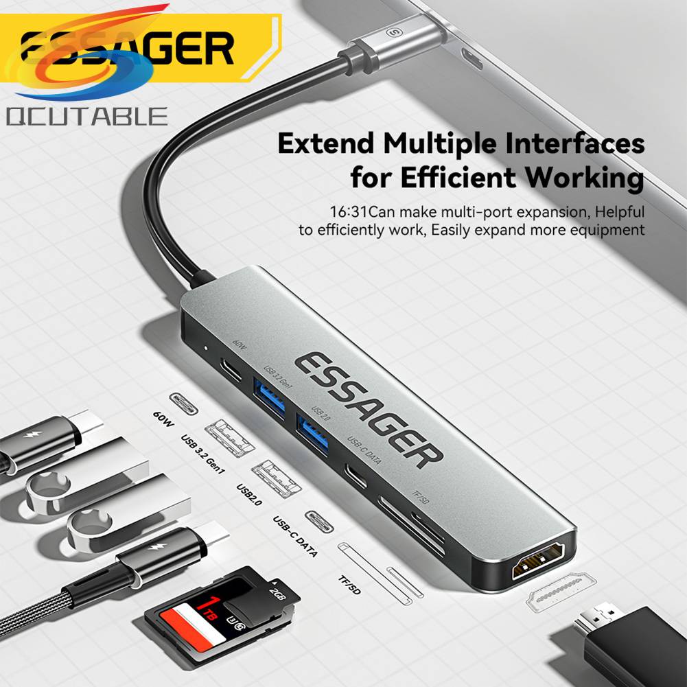 Bộ Chia Cổng USB Type-C HDMI 7 Trong 1 Hỗ Trợ PD60W