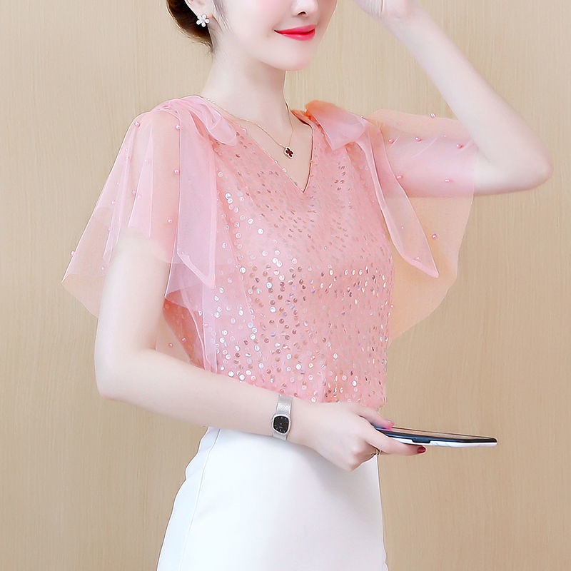Áo Sơ Mi Chiffon Tay Ngắn Cổ Chữ v Phối Ren Đính Kim Sa Lấp Lánh Thời Trang Mùa Hè Cho Nữ