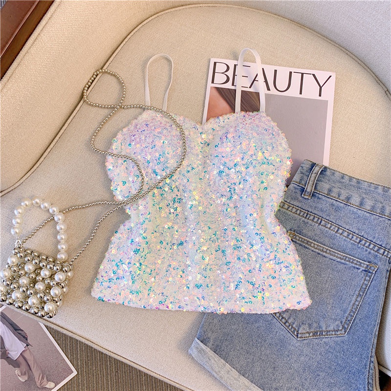 Áo Hai Dây Ôm Dáng Đính Kim Sa Lấp Lánh Quyến Rũ Phong Cách Mới Mùa Hè Cho Nữ