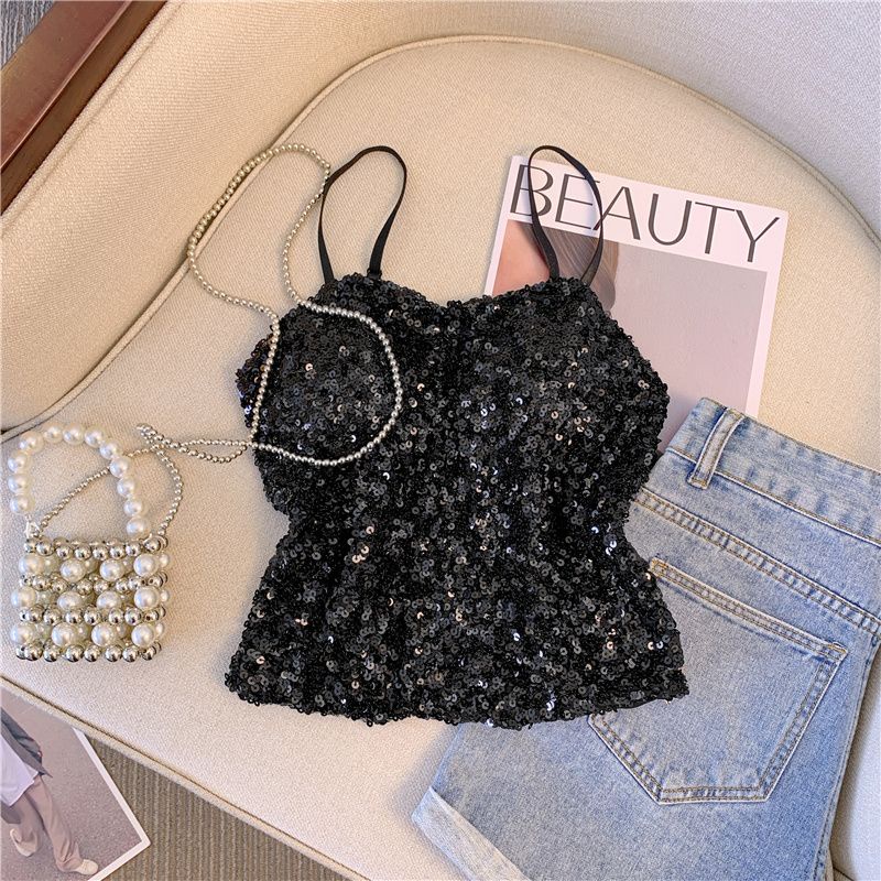 Áo Hai Dây Ôm Dáng Đính Kim Sa Lấp Lánh Quyến Rũ Phong Cách Mới Mùa Hè Cho Nữ