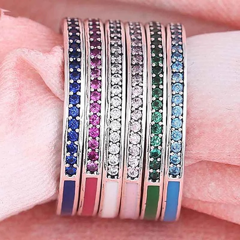 Nhẫn Pandora925 Tráng Men Mạ Bạc 925 Hình Trái Tim Đính Đá Nhiều Màu Sắc Phong Cách Châu Âu Cho Nữ
