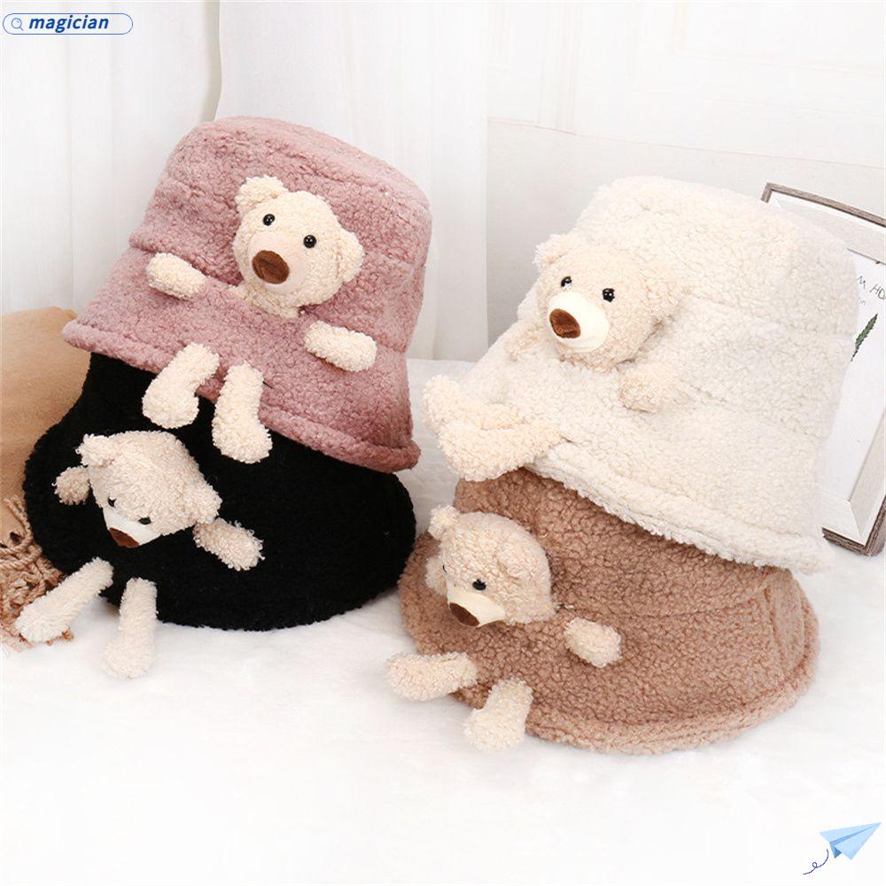 MAG Nón Tai Bèo Màu Trơn Phối Lông Ấm Áp Hình Gấu Dễ Thương Cho Nữ