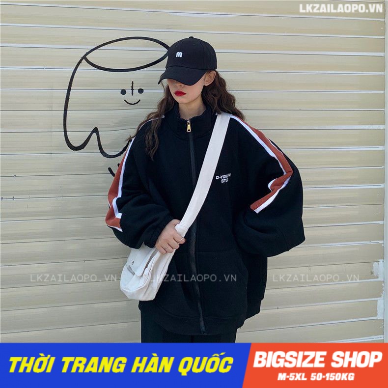 Áo nỉ khoác Bigsize Áo cardigan nữ dáng suông tay dài cổ đứng thiết kế khoá kéo đen mùa thu Phong cách Hàn Quốc Thời Trang cá tính xinh đẹp cho người mập béo nữ