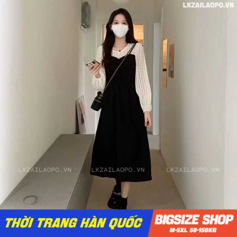 Đầm Bigsize Váy nữ dáng suông Giả Hai tay dài cổ tròn chữ a đen mùa thu Phong cách Hàn Quốc Thời Trang cá tính xinh đẹp cho người mập béo nữ