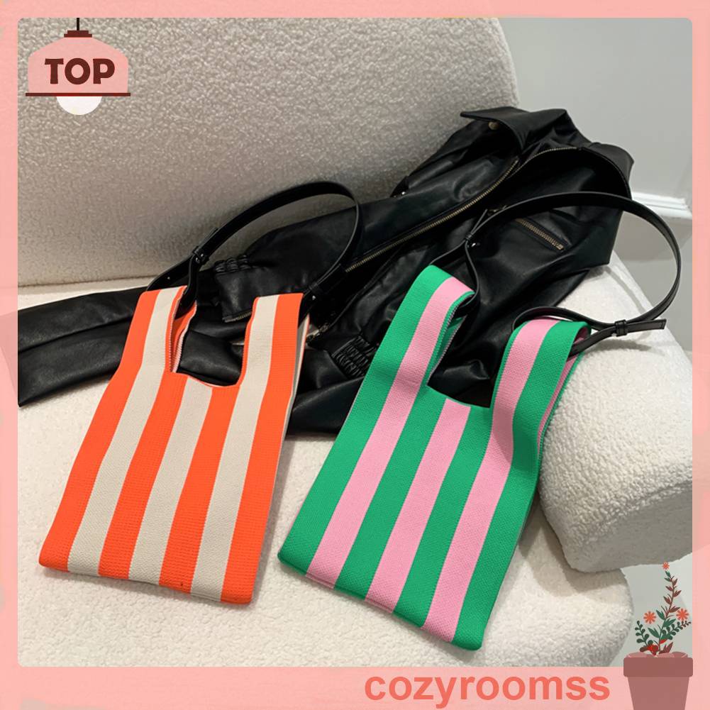 Túi Tote Đan Len Họa Tiết Sọc Tương Phản Thời Trang Cho Nữ