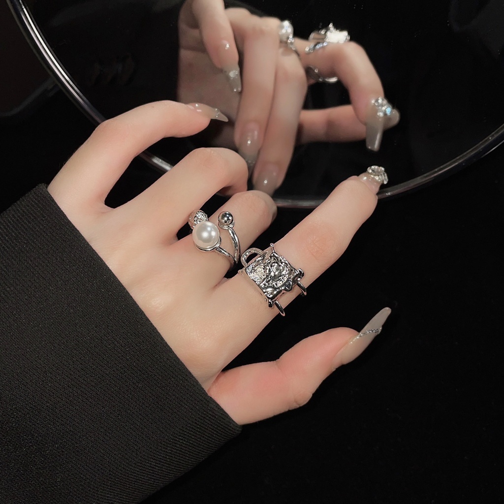 Nhẫn Hở Xếp Ly Đính Ngọc Trai Hình Vuông Thiết Kế Sáng Tạo Thời Trang Cá Tính Cho Nữ