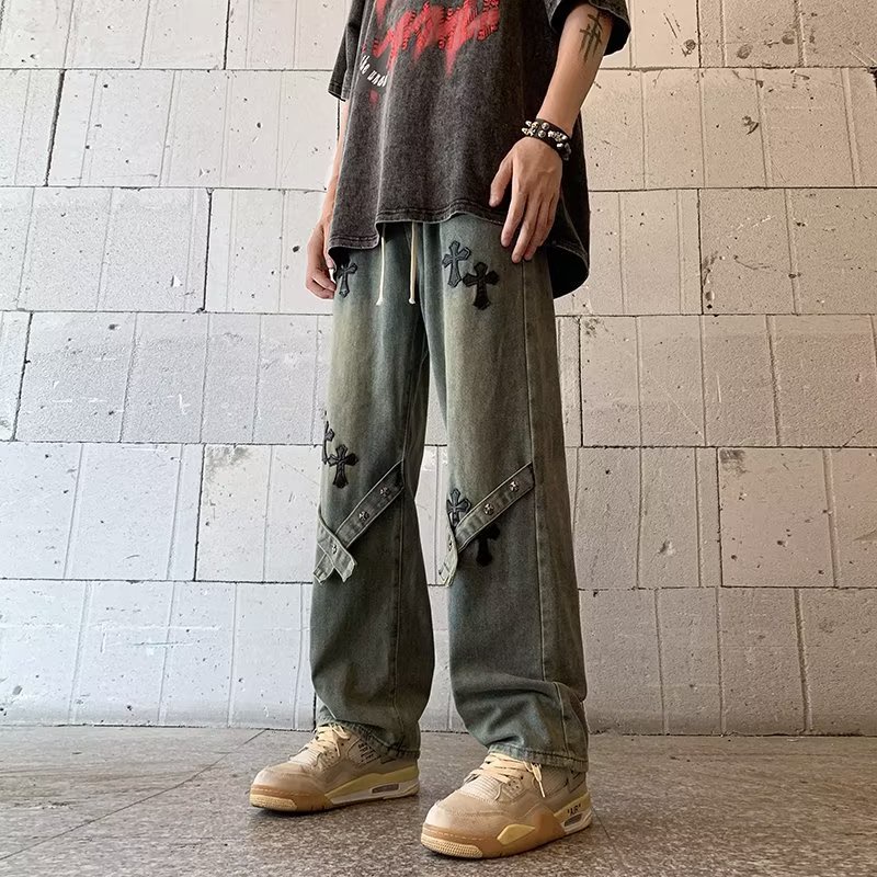 Quần Jean Dài Dáng Rộng Lưng Vừa Nhuộm Màu Vàng Bùn Kiểu Retro Đường Phố Mỹ Cá Tính Cho Nam