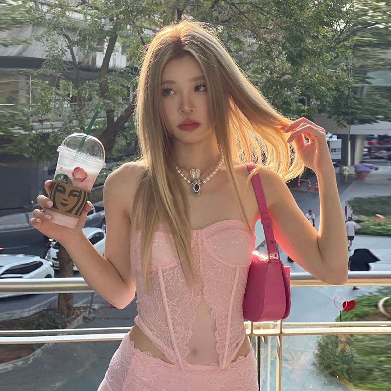 Bộ Áo Ống + Chân Váy Ren Hồng Trong Suốt 23 Phong Cách Mỹ Độc Đáo Thời Trang Cho Nữ Y2K