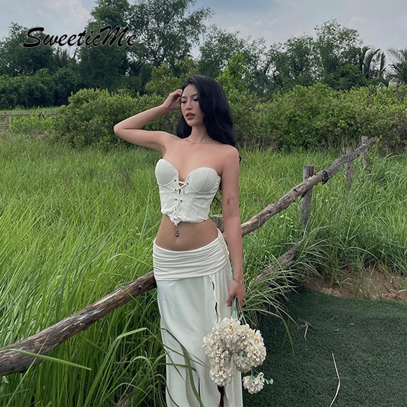 Bộ Áo Croptop Màu Trơn + Chân Váy Dài Xẻ Tà Lưng Thấp Thời Trang Quyến Rũ Cho Nữ SweeticMe 2023