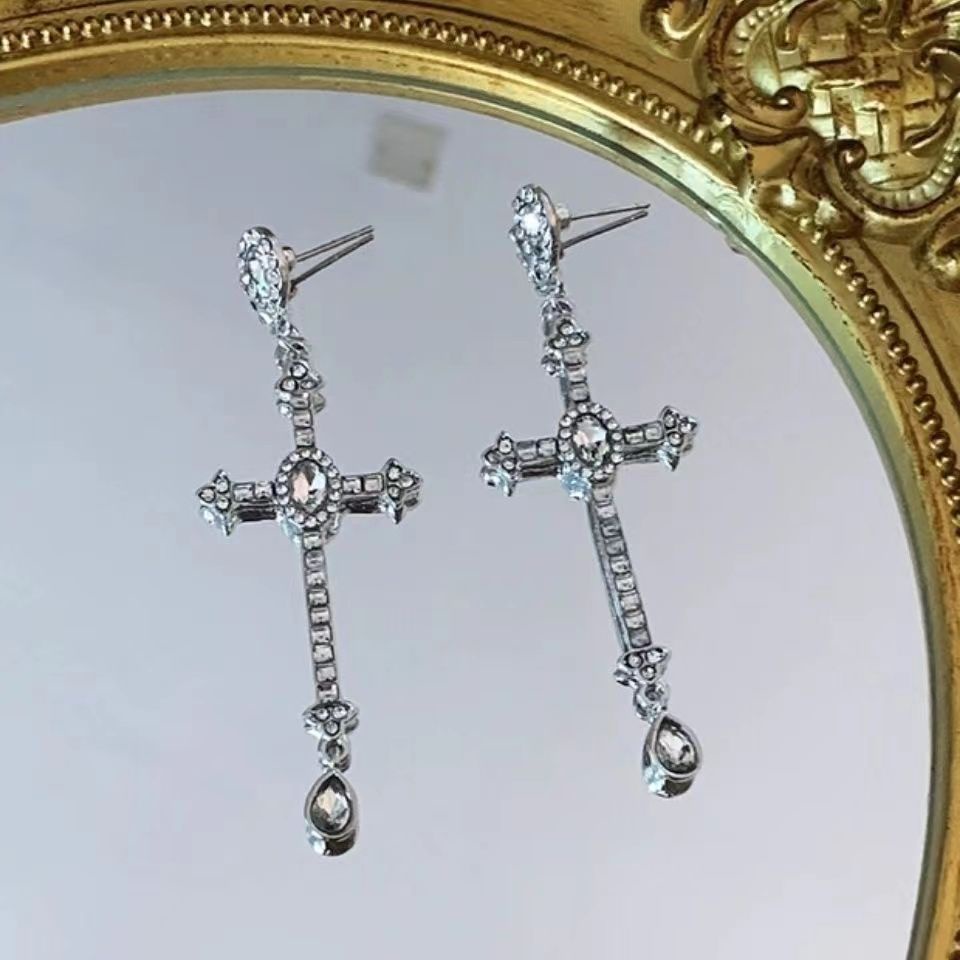 Khuyên Tai Dài Tua Rua Hình Thánh Giá Đính Đá Zircon Phong Cách Punk Hip Hop