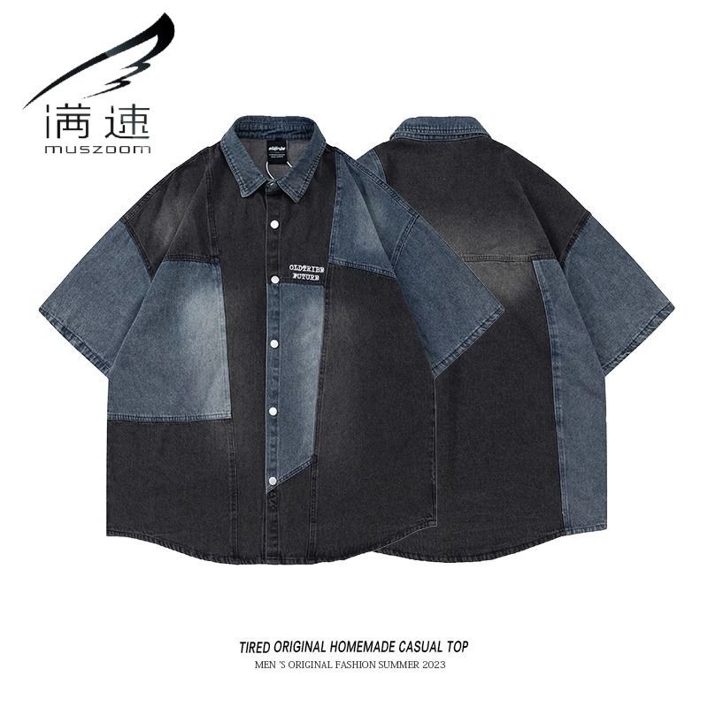 Áo Sơ Mi Denim Tay Ngắn Dáng Rộng Phối Màu Sắc Tương Phản Phong Cách Retro Dành Cho Cặp Đôi