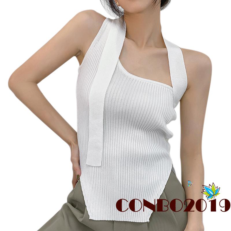 Hgm- Áo Tank Top Hai Dây Dệt Kim Viền Gân Không Đều Màu Trơn Cho Nữ