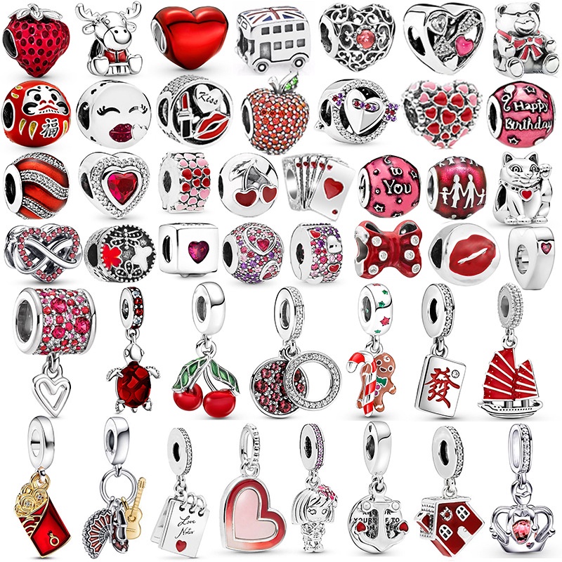 Hạt Charm Hình Trái Tim Màu Đỏ Cổ Điển Phù Hợp Làm Trang Sức Vòng Tay Pandora Cho Nữ