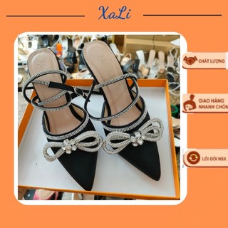 Sandal nơ đá xali giày nữ bít mũi gót nhọn cao 9cm dây đà quấn cổ chân sang chảnh - gnd