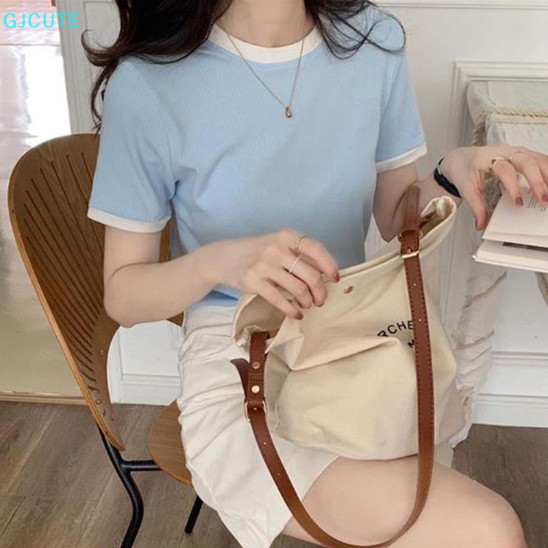 Áo Thun Tay Ngắn Cổ Tròn Màu Sắc Tương Phản Thời Trang Mùa Hè Cho Nữ