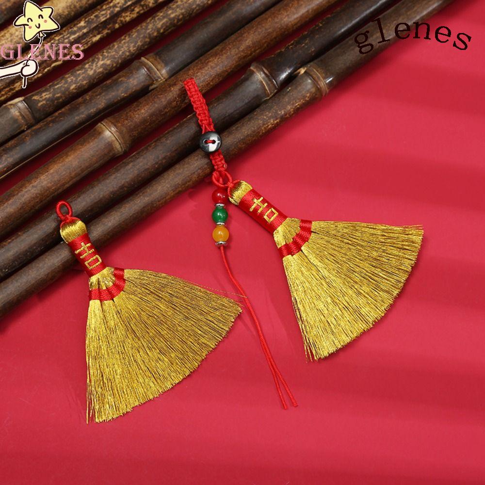 GLENES Chổi Quét Mini Bằng Vải Dệt Thủ Công Phối Tua Rua Dễ Thương Trang Trí Nhà Cửa Phong Cách Trung Hoa