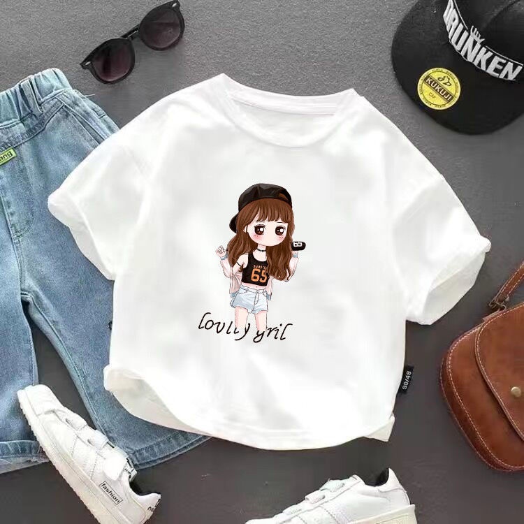 Áo Thun Cotton Ngắn Tay Màu Trơn In Họa Tiết Hoạt Hình Cho Bé Gái