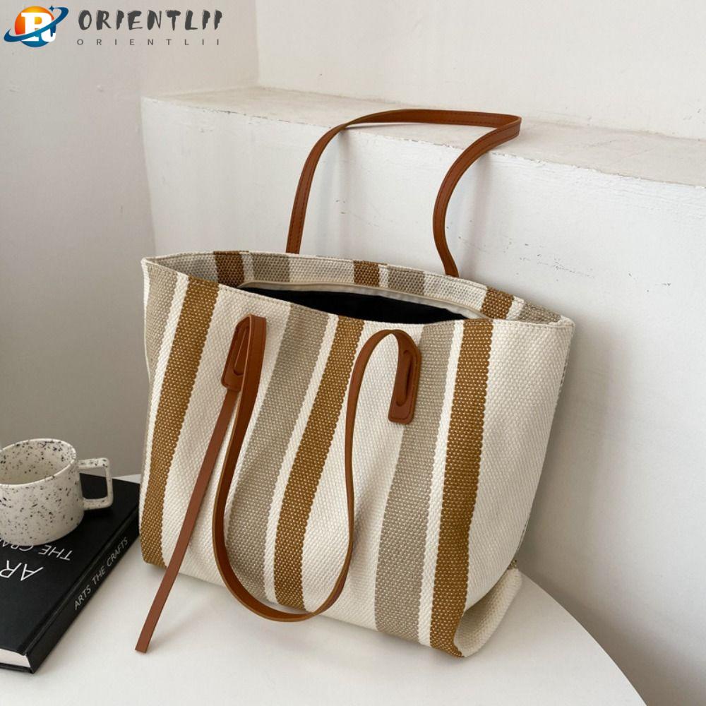 Túi Tote Đeo Vai Vải Canvas Cỡ Lớn Họa Tiết Kẻ Sọc Đơn Giản Thời Trang Cho Nữ