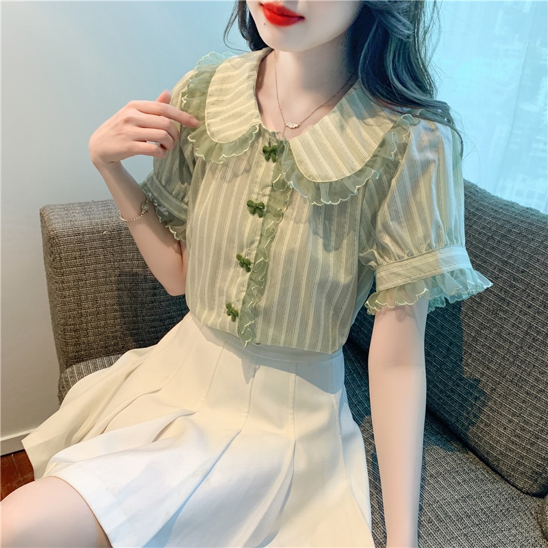 Áo Sơ Mi Tay Phồng Cổ Búp Bê Họa Tiết Kẻ Sọc Thời Trang Pháp 2023 Cho Nữ