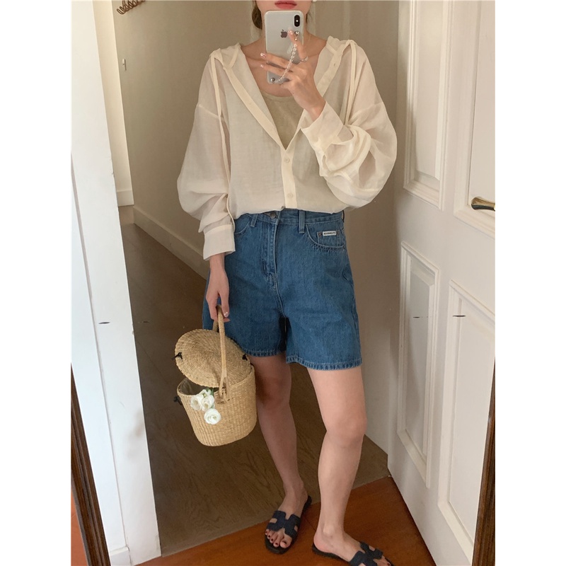 SUXI Áo Sơ Mi Chống Nắng Tay Dài Có Mũ Trùm Kiểu Hàn Quốc Dễ Phối Đồ