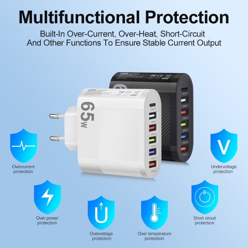 Củ Sạc Nhanh 6 Cổng USB Type C 5V / 3.5A 65W Cho Điện Thoại