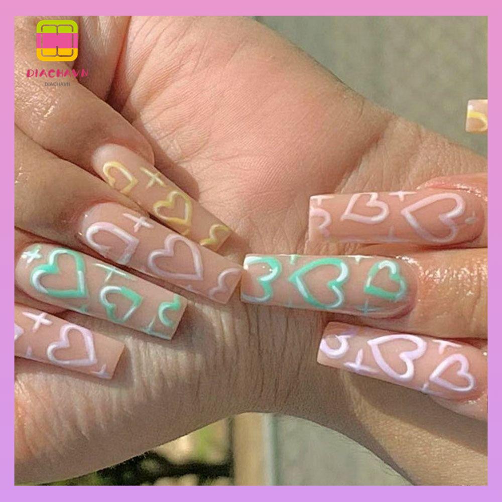 DIACHAVN Bộ 24 Móng Tay Giả Che Phủ Toàn Diện Họa Tiết Trái Tim Xinh Xắn