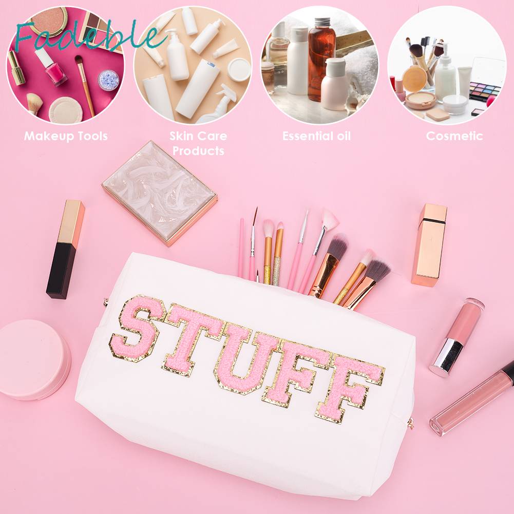 Túi Đựng Mỹ Phẩm Da PU Đa Năng Có Khóa Kéo In Chữ Thời Trang Cho Nữ