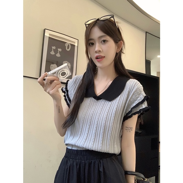Áo Croptop Dệt Kim Mỏng Tay Ngắn Kiểu vintage Pháp Xinh Xắn Cho Nữ