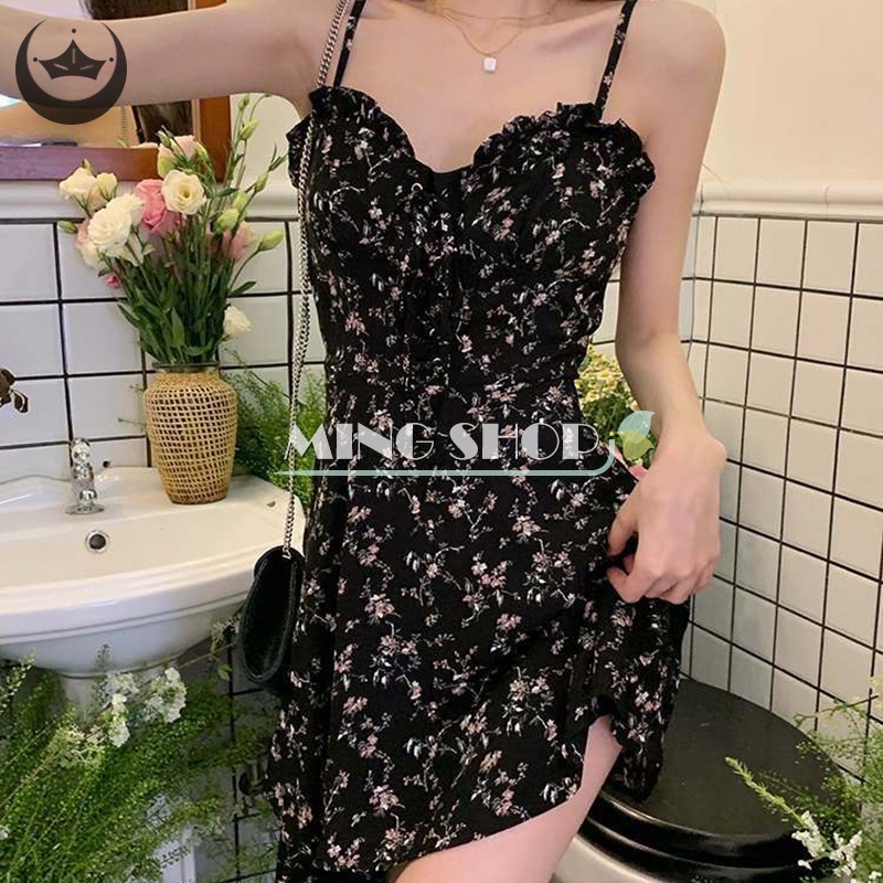 Đầm Hai Dây Y2k In Hoa Eo Cao Gợi Cảm Cho Nữ