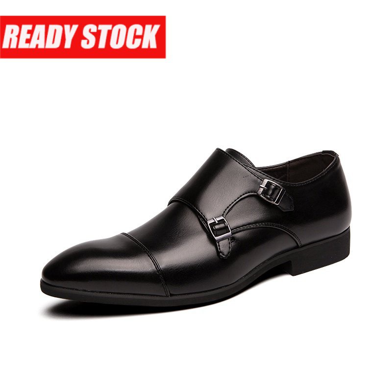 Size 38-48 Men's Formal Microfiber Leather Slip On Shoes Business Pointed Toe Monk Strap Shoes Black IOXT