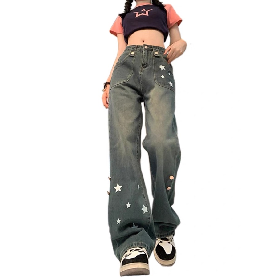 Quần Jeans Nữ Lưng Cao Ống Rộng In Hình Ngôi Sao Thời Trang Hàn Quốc