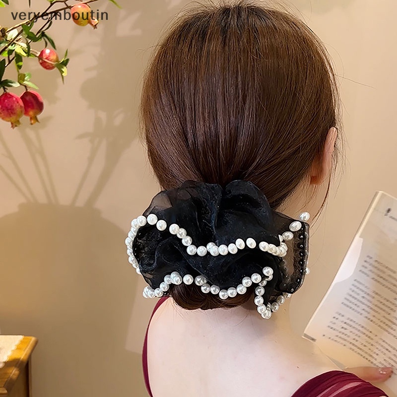 Dây Cột Tóc Lưới Đính Hạt Ngọc Trai Bản Lớn Phong Cách Hàn Quốc Cho Nữ