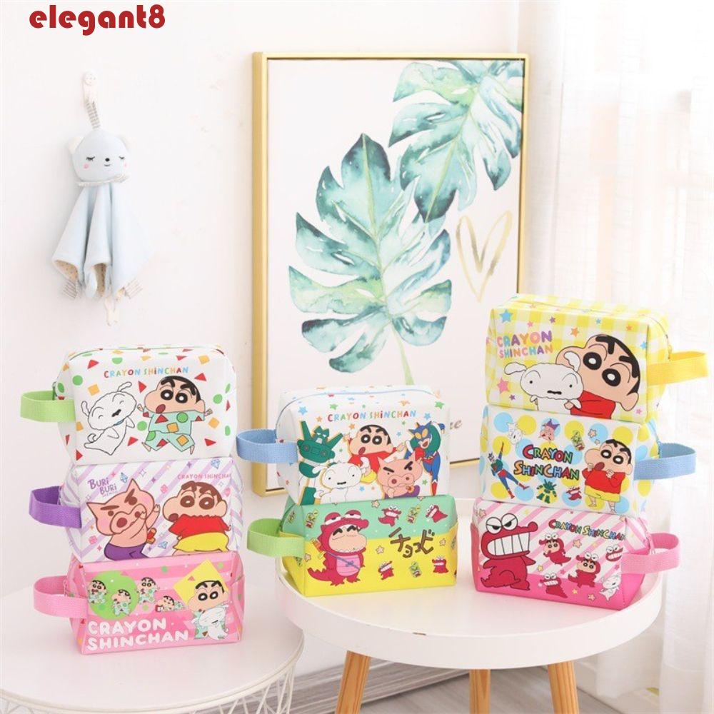 ELEGANT Túi Đựng Bút Da PU Đa Năng In Hoạt Hình Shinchan My Melody Kulomi Dễ Thương Ốp
