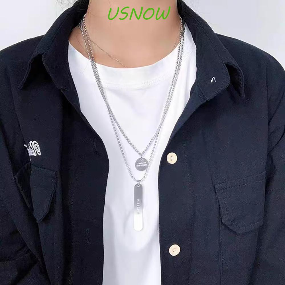 USNOW Vòng cổ Dài Mặt Thẻ Tròn Khắc Chữ Phong Cách Punk Hàn Quốc Cho Nam Nữ