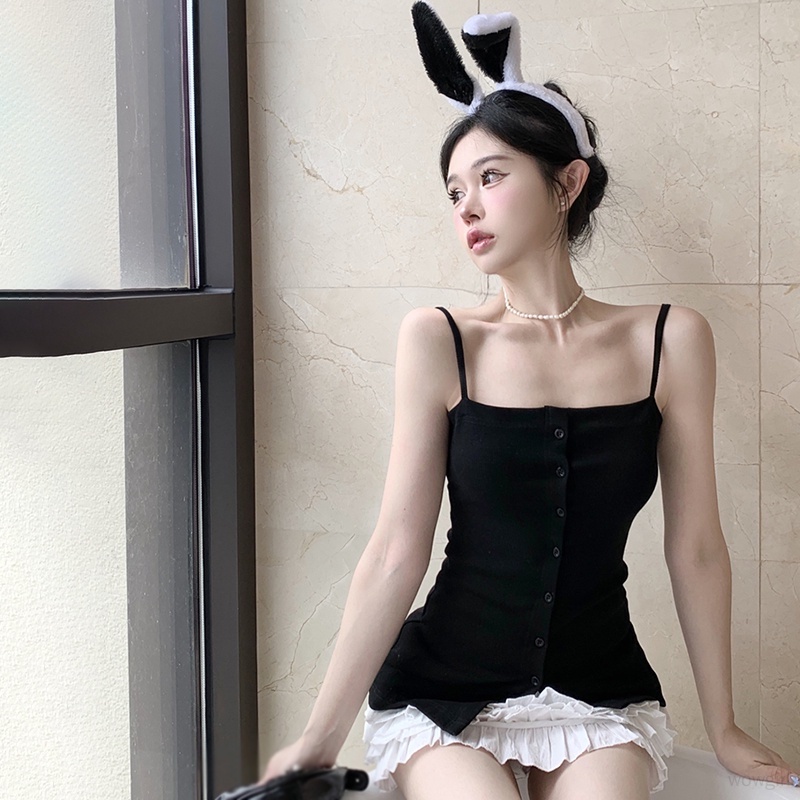 Áo Hai Dây Ôm Dáng Màu Trơn Đính Nút Phong Cách Retro Hàn Quốc Cho Nữ