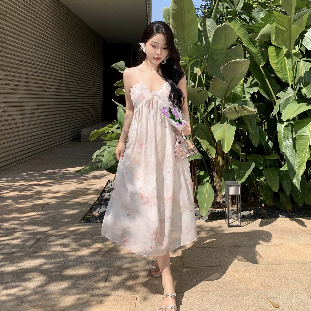 Đầm Hai Dây Dáng Dài Họa Tiết Hoa Thời Trang Mùa Hè Pháp Cho Nữ