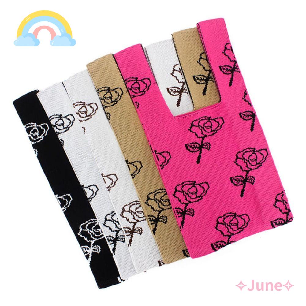 JUNE Túi Xách Đan Len Họa Tiết Hoa Hồng Thời Trang Cho Nữ