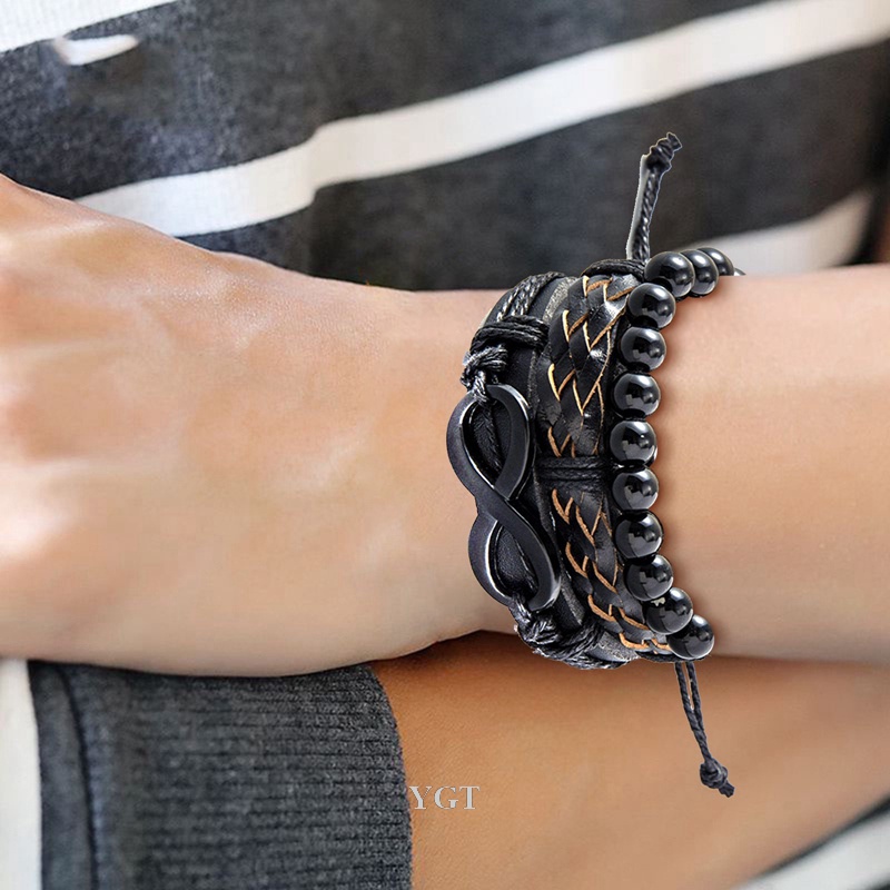 Set 3 / 5 Vòng Tay Da Nhiều Lớp Thời Trang Cho Nam