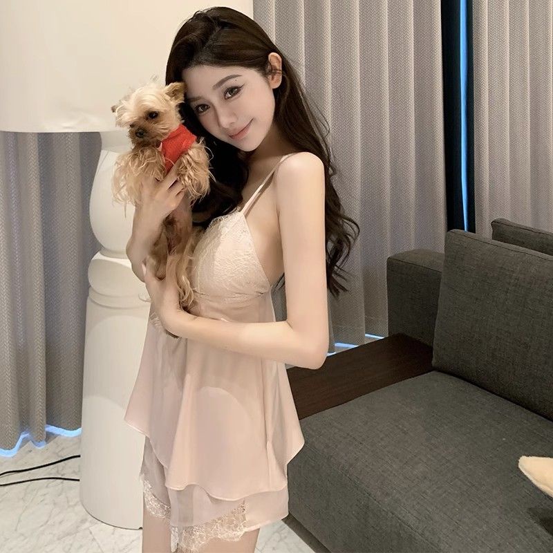 Bộ Đồ Ngủ Bằng Lụa Lạnh Cao Cấp Phong Cách Công Chúa Ngọt Ngào Mùa Hè Có Đệm Ngực Phong Cách Mới Cho Nữ