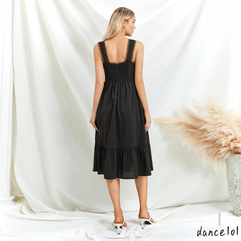 Đầm Chữ A Sát Nách Hở Lưng Phối Bèo Nhún Màu Trơn / Hoa Xinh Xắn Cho Nữ Khiêu Vũ1O1