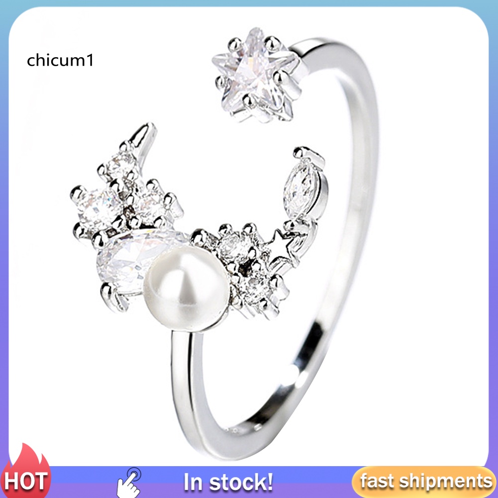 Nhẫn Hở Hình Trăng Sao Đính Đá Zircon Và Ngọc Trai Nhân Tạo Có Thể Điều Chỉnh Kích
