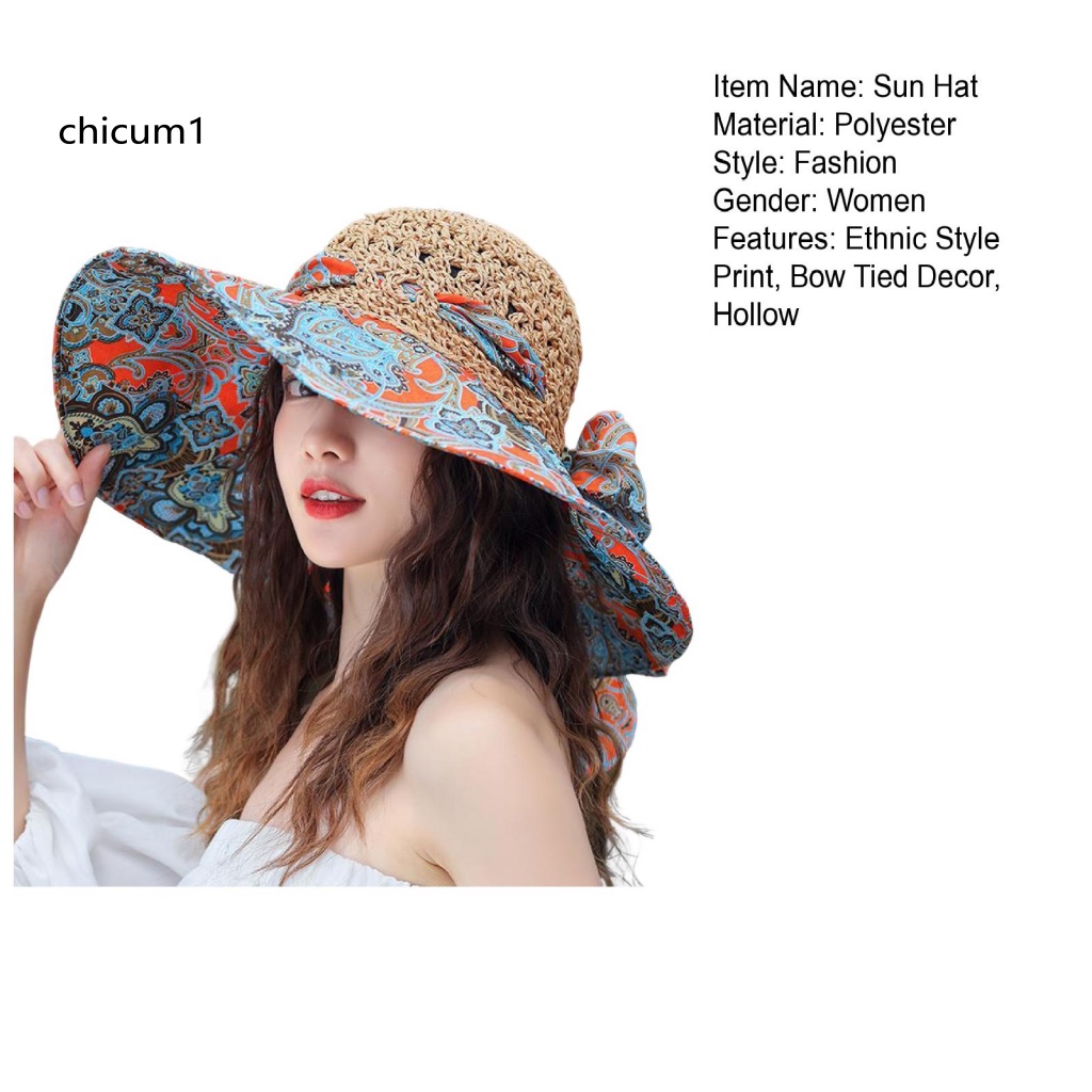 Mũ Cói Rộng Vành Thắt Nơ In Họa Tiết Thổ Cẩm Màu Sắc Dành Cho Nữ