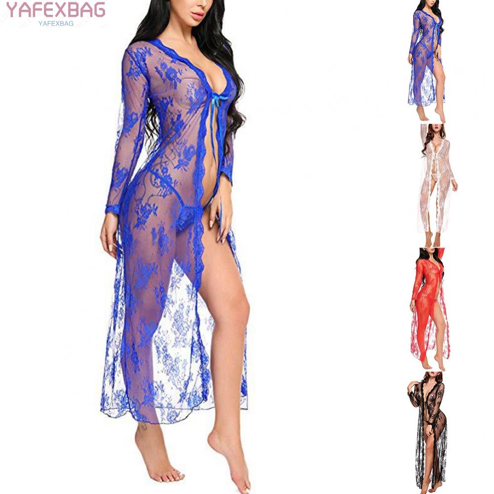 Women Sexy Lingerie Long Lace Dress Sheer See Through Kimono Robe Nightgown