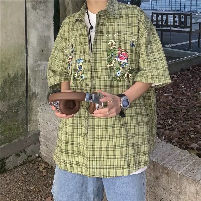 Áo Sơ Mi Nam Dáng Rộng Họa Tiết Caro Thời Trang Phong Cách Hàn Quốc