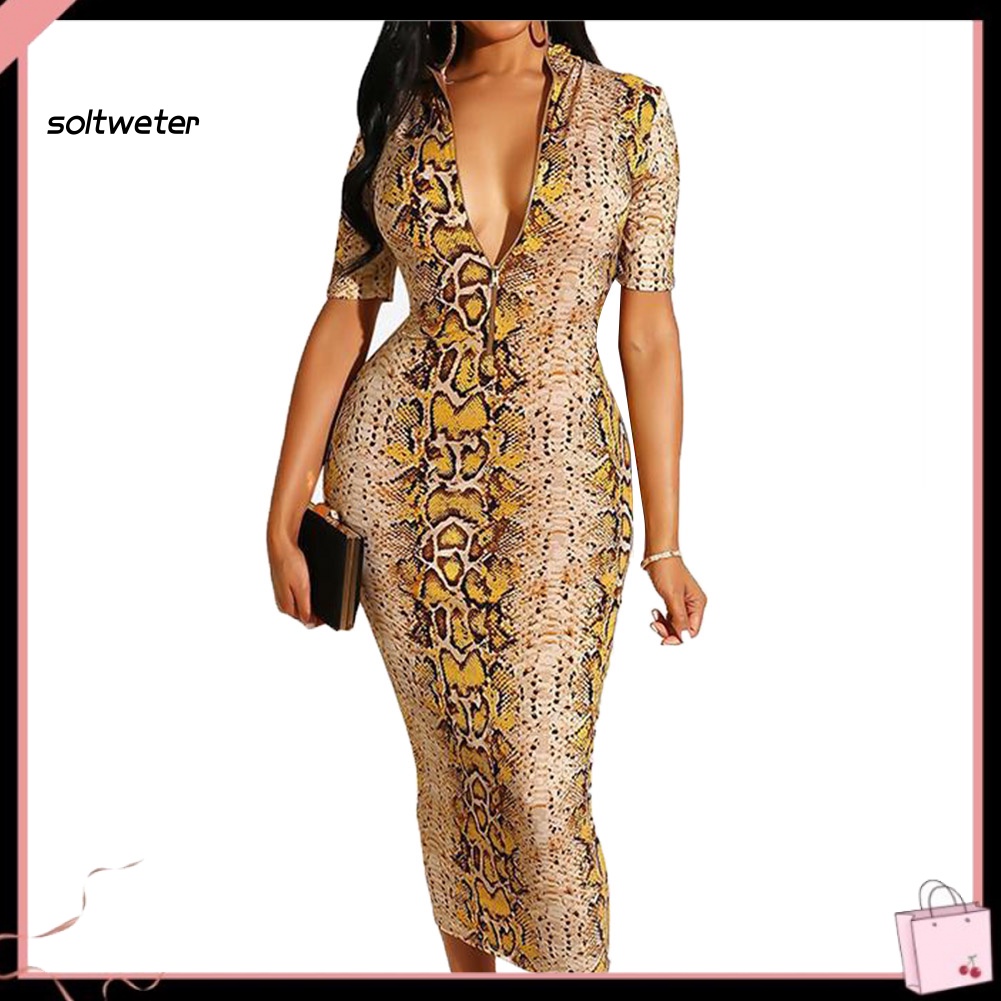 Đầm Midi Tay Ngắn / Dài Dáng Ôm In Họa Tiết Da Rắn Thời Trang Quyến Rũ Cho Nữ