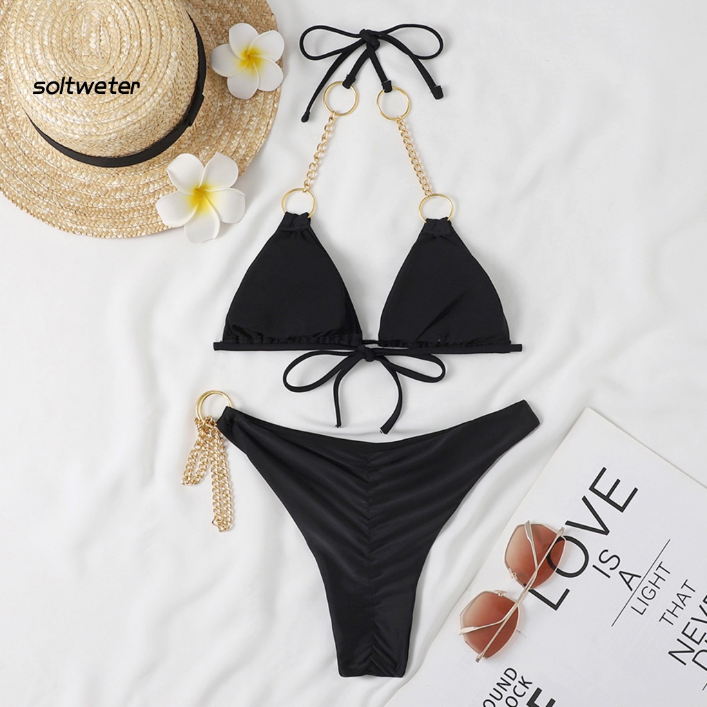 Bộ Bikini 2 Mảnh Màu Sắc Tinh Khiết Có Dây Cột Bằng Kim Loại Có Thể Điều Chỉnh Quyến Rũ Cho Nữ