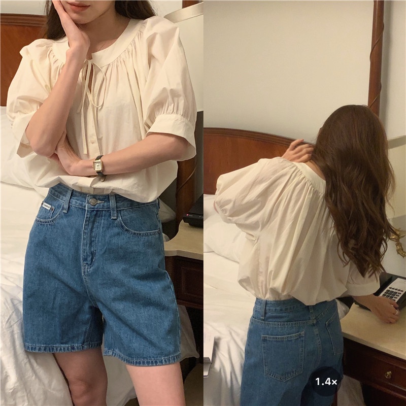 Áo Sơ Mi Tay Ngắn Cổ Tròn Màu Trơn Đơn Giản Thời Trang Mùa Hè Hàn Quốc Cho Nữ
